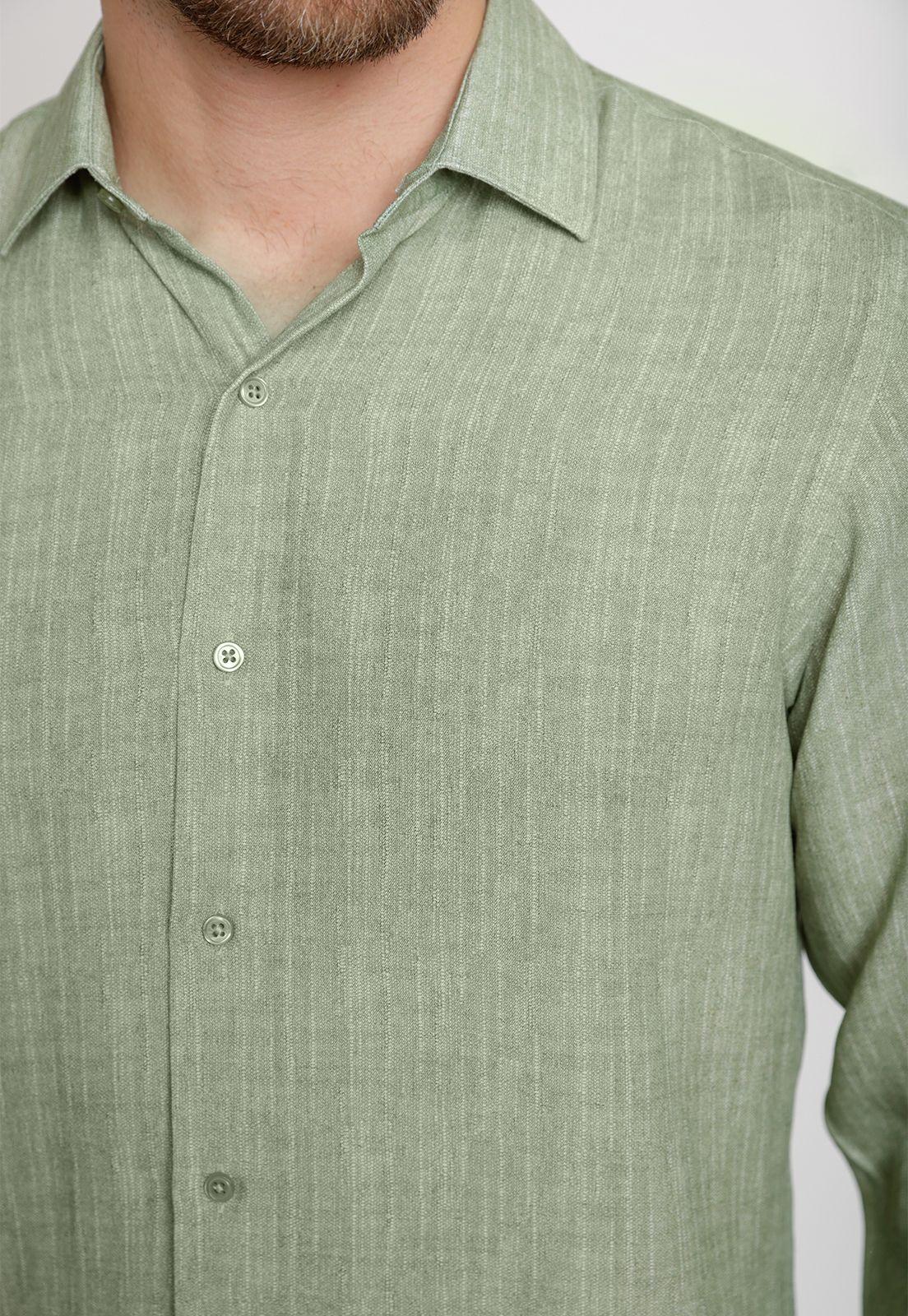 Camisa Hombre Mezcla Viscosa Lino Liso Slim Europe Verde-2