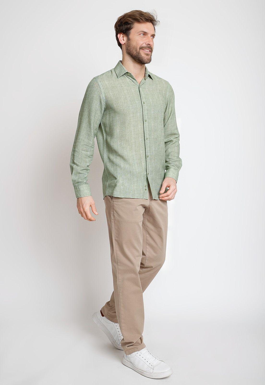 Camisa Hombre Mezcla Viscosa Lino Liso Slim Europe Verde-3