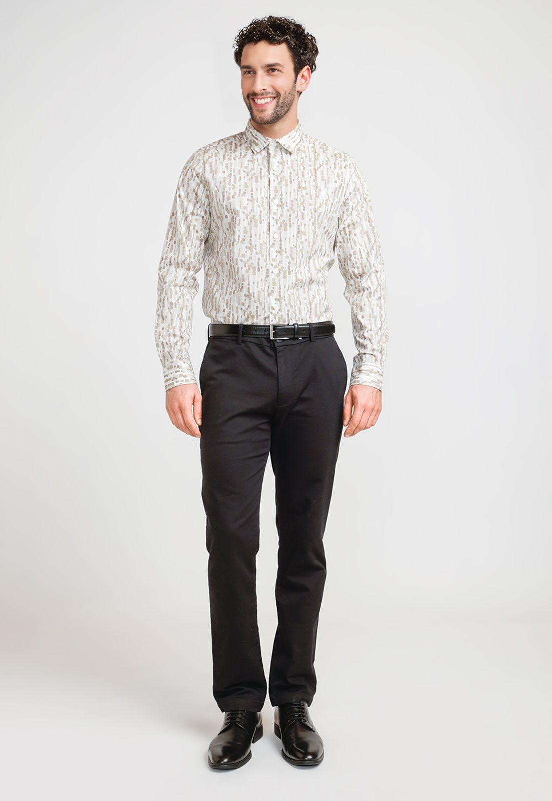 Camisa Hombre Estampada Stretch Beige-3