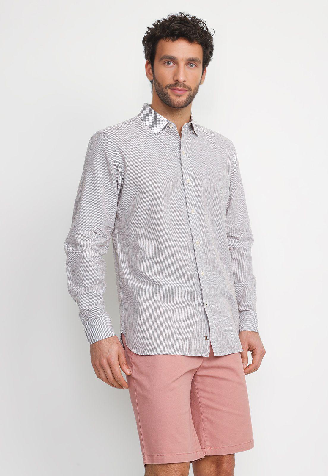 Camisa Rayada Lino Algodón Bruno Beige-0