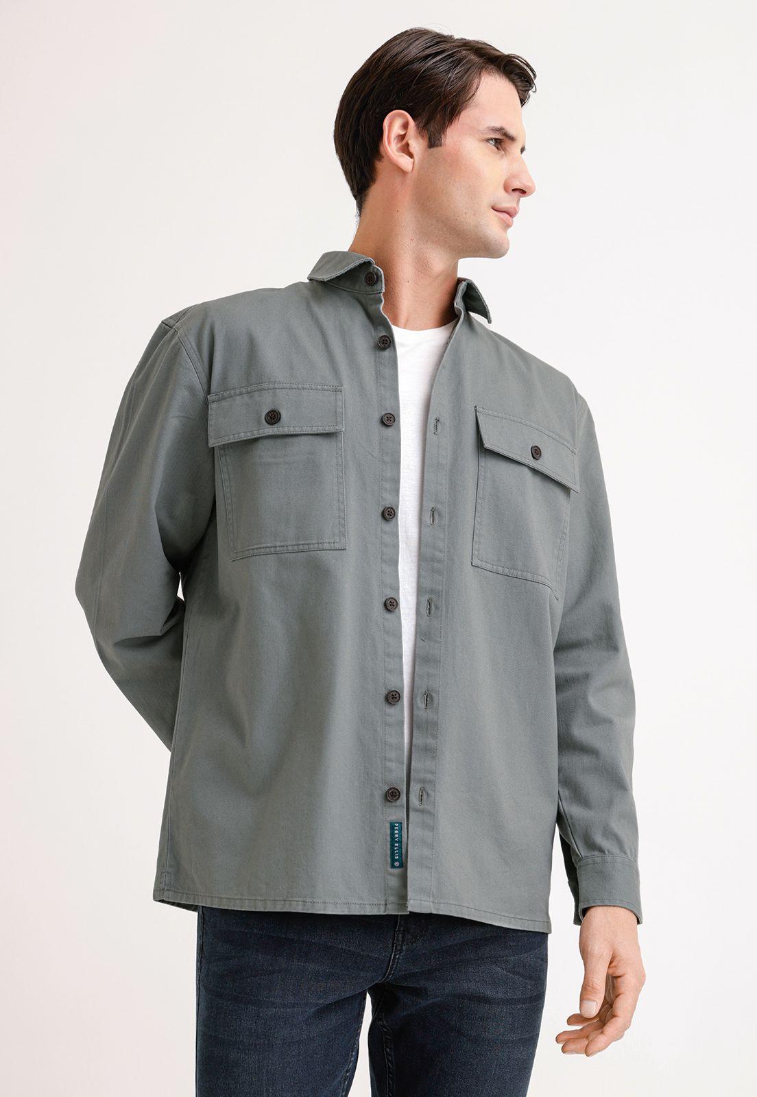 Sobrecamisa Hombre Lisa Twill Algodón Gris Pardo-0