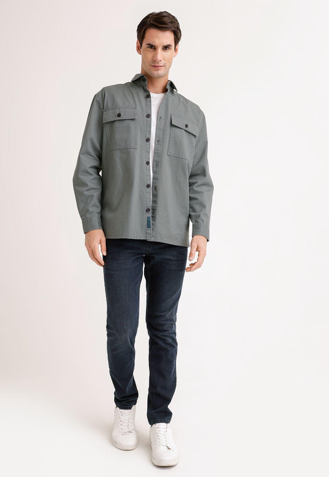 Sobrecamisa Hombre Lisa Twill Algodón Gris Pardo-3