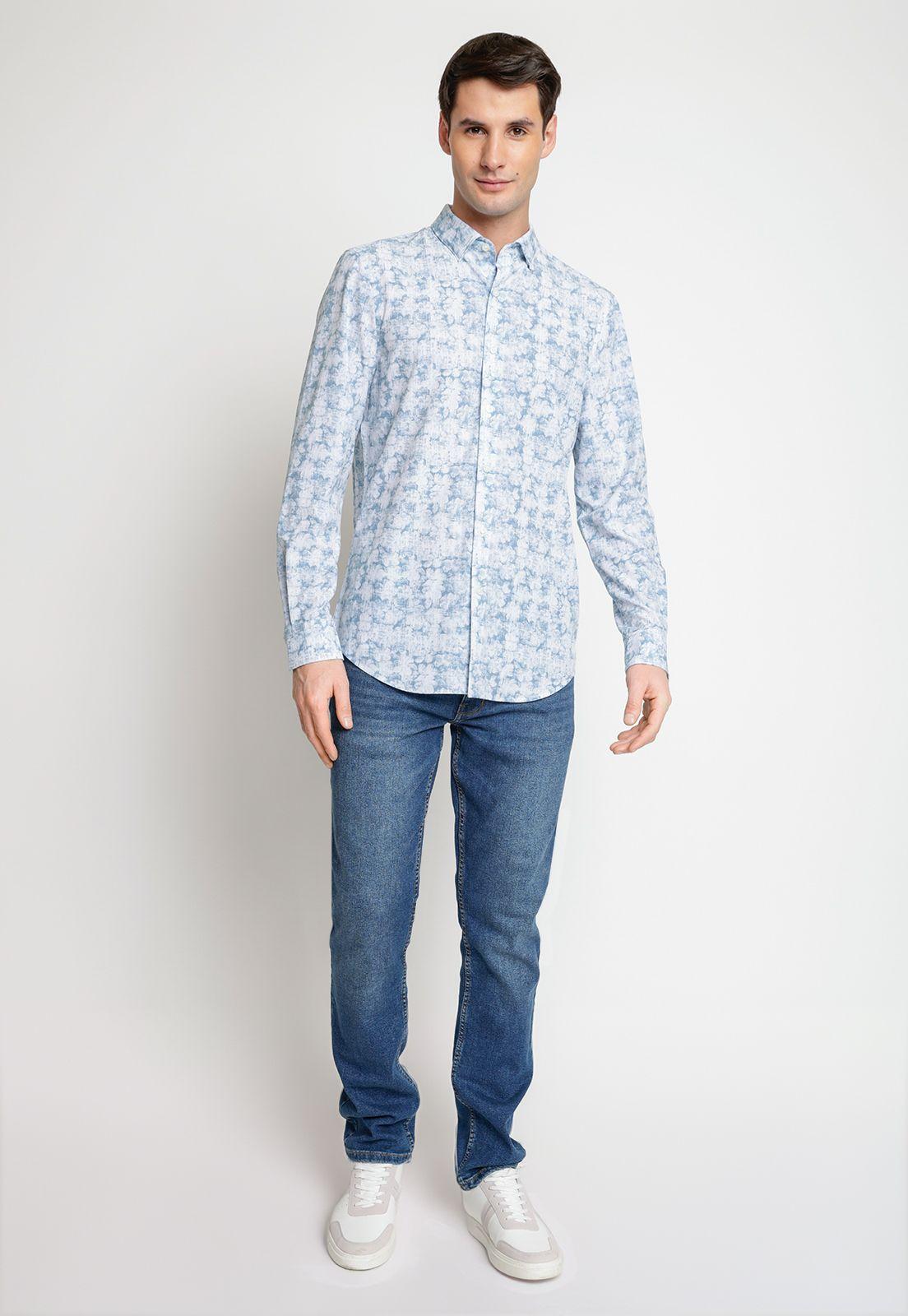 Camisa Hombre Manga Larga Stretch Estampada Celeste-3
