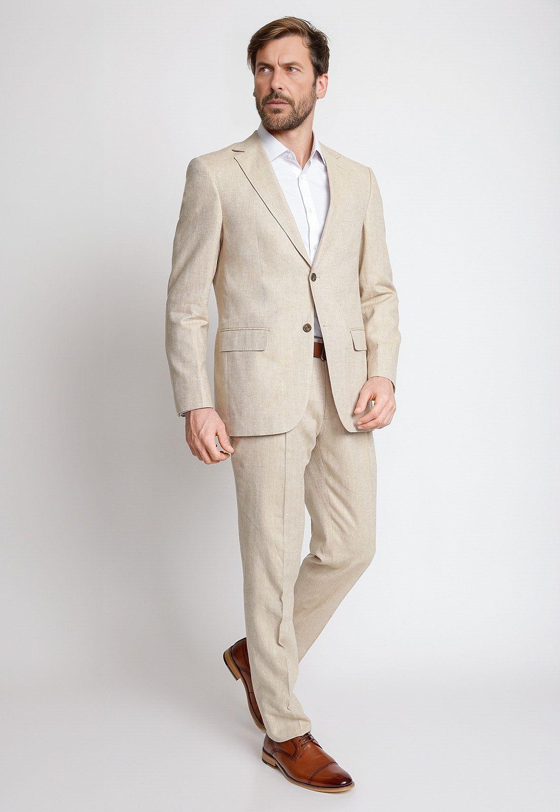 Traje Formal Hombre Mezcla Lino Espiga Slim Beige-0