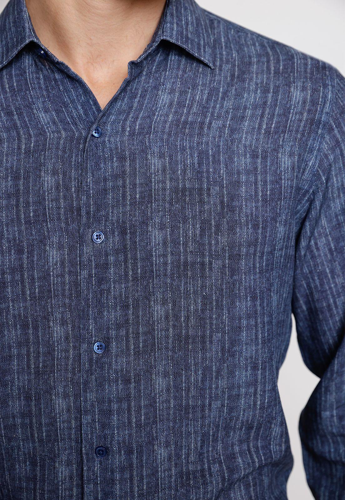 Camisa Hombre Mezcla Algodón Lino Liso Slim Europe Azul-2