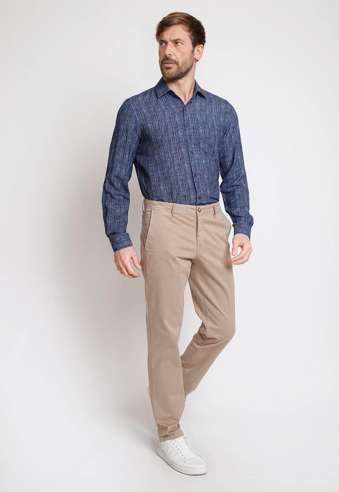 Camisa Hombre Mezcla Algodón Lino Liso Slim Europe Azul-3