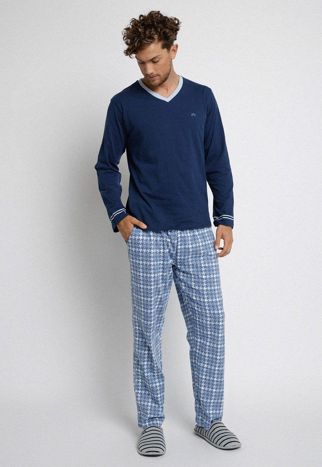 Pijama escote en V azul marino-0