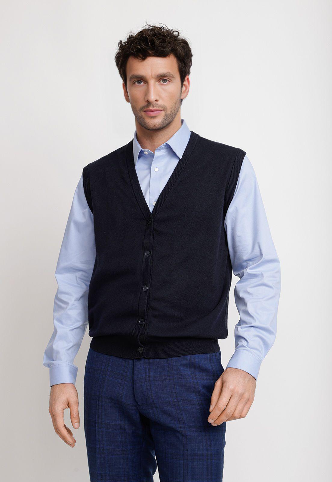 Cárdigan Hombre Formal Sin Mangas Lana Seda Azul Marino-0