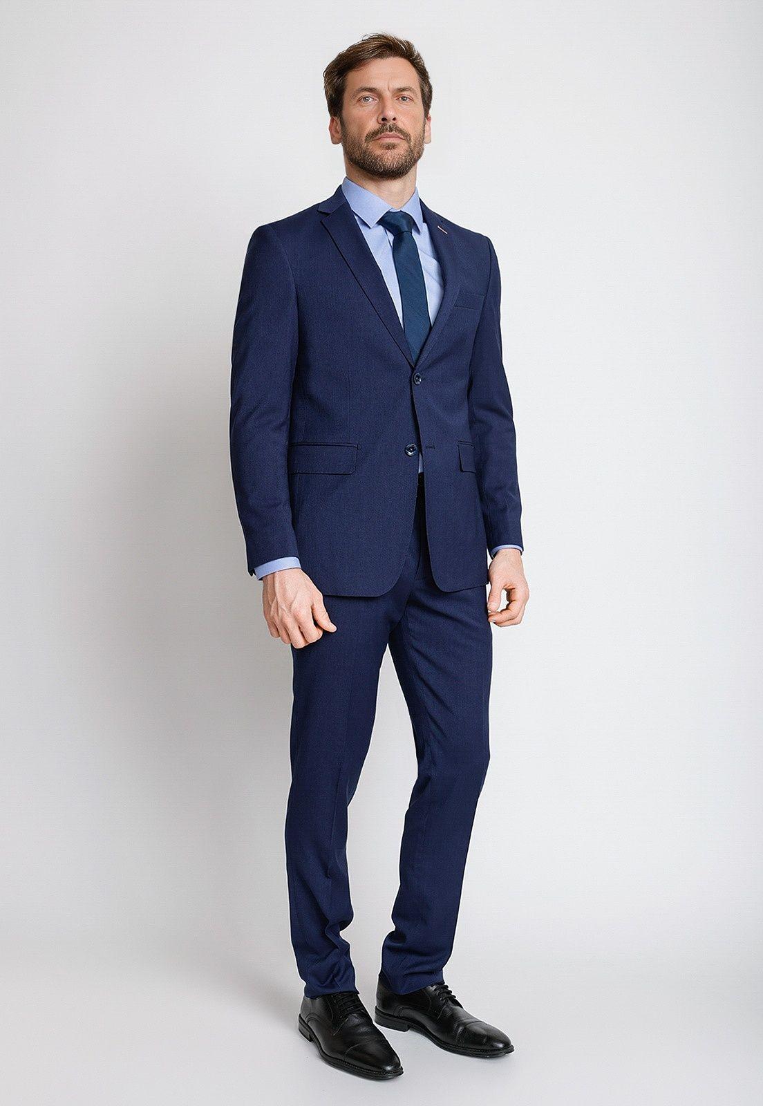Traje Formal Hombre Mezcla Algodón Microdiseño Slim Graduación Azul-0