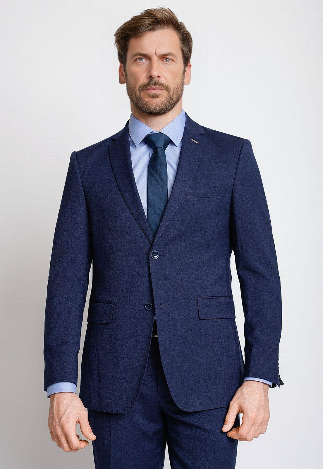 Traje Formal Hombre Mezcla Algodón Microdiseño Slim Graduación Azul-3