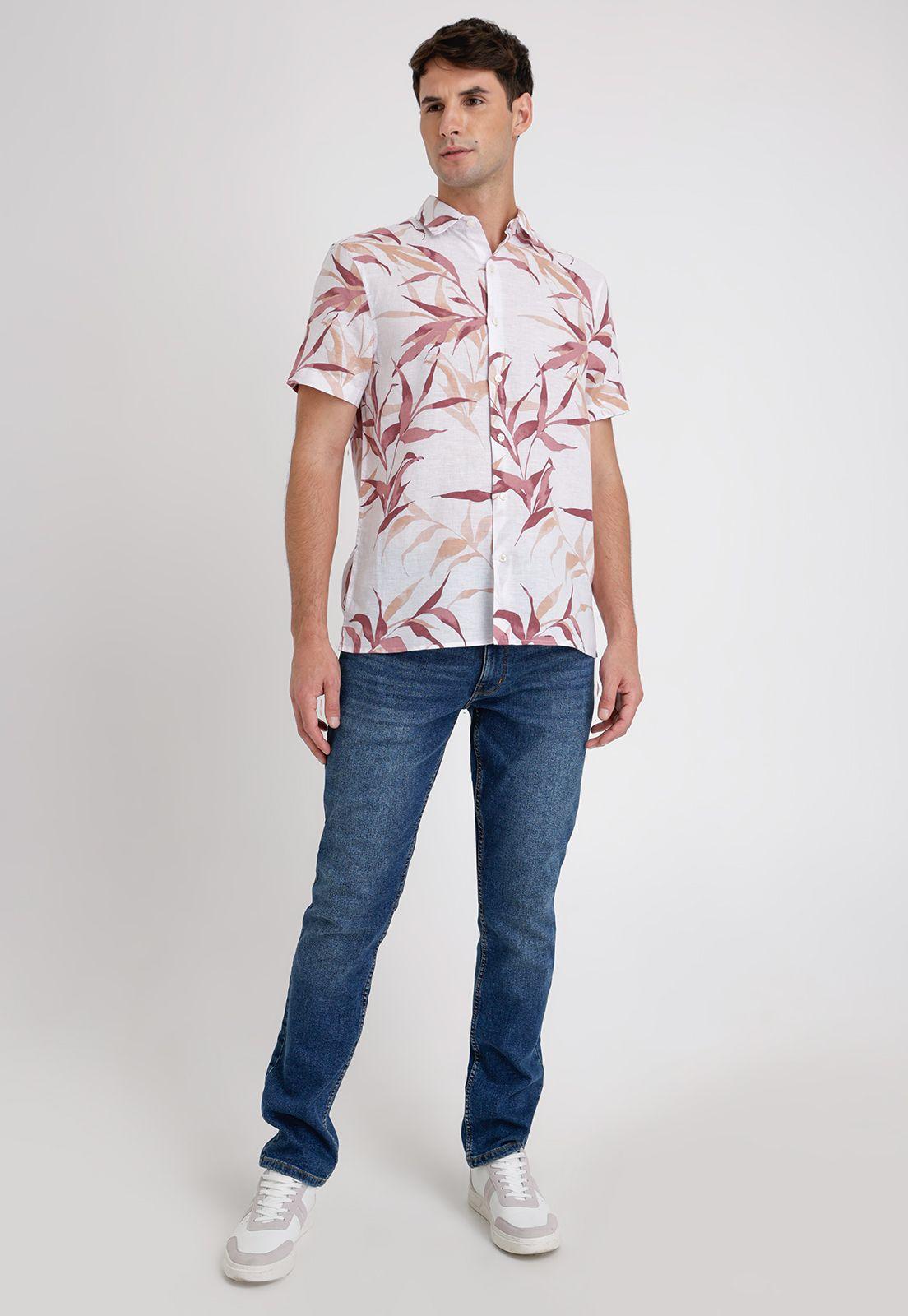 Camisa Hombre Manga Corta Lino Estampada Rosa Viejo-3