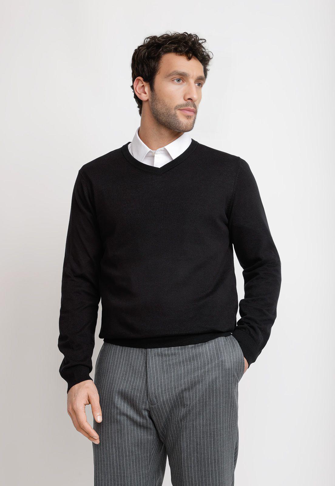 Sweater Cuello V Lana Seda Negro-0