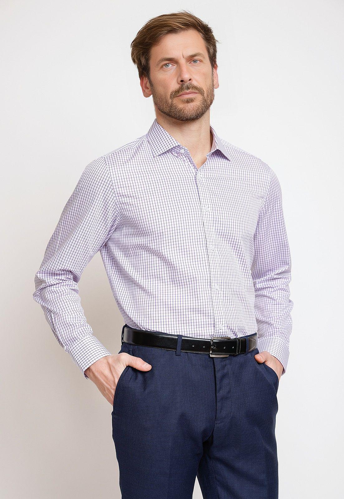 Camisa Formal Hombre Algodón Cuadros Regular Classic Lila-0