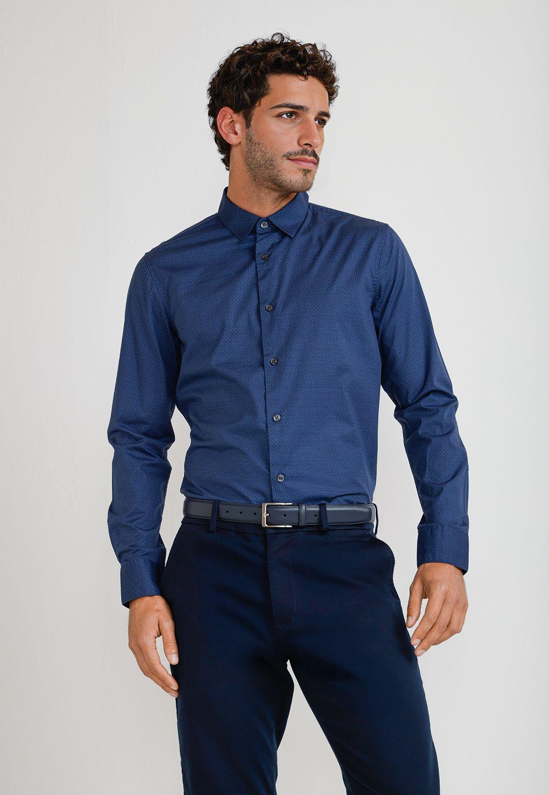 Camisa Hombre Stretch Estampada Azul-0
