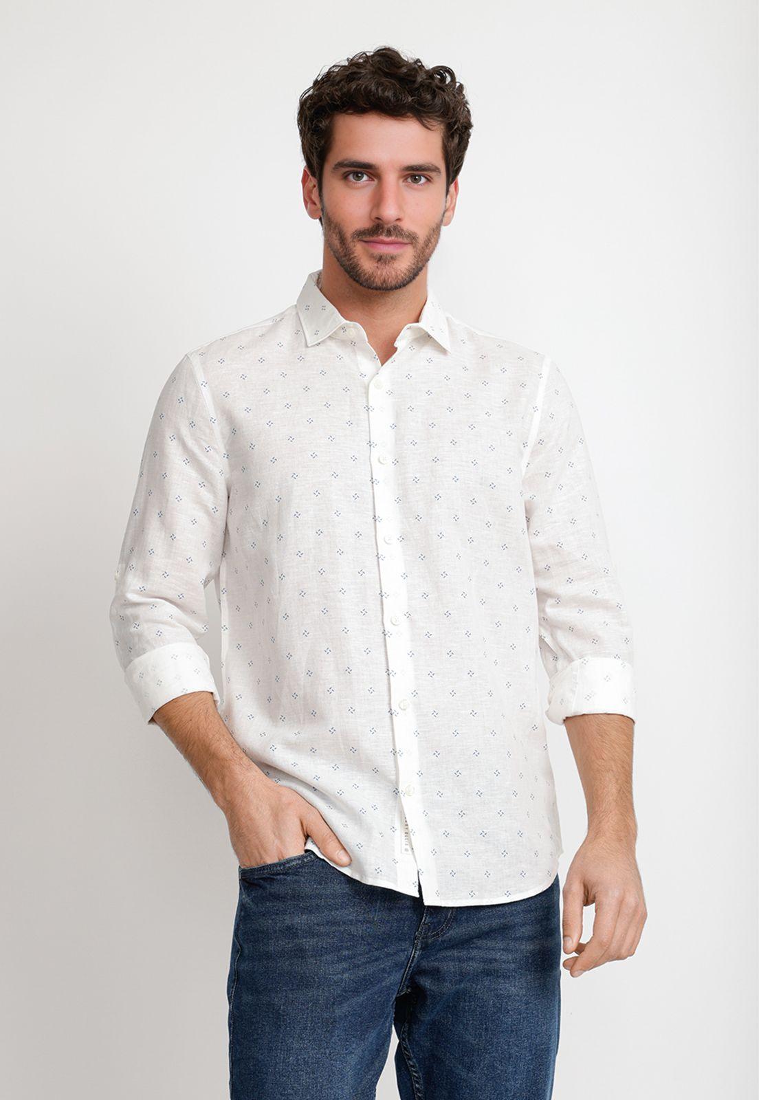 Camisa Hombre Lino Estampado Blanco-0