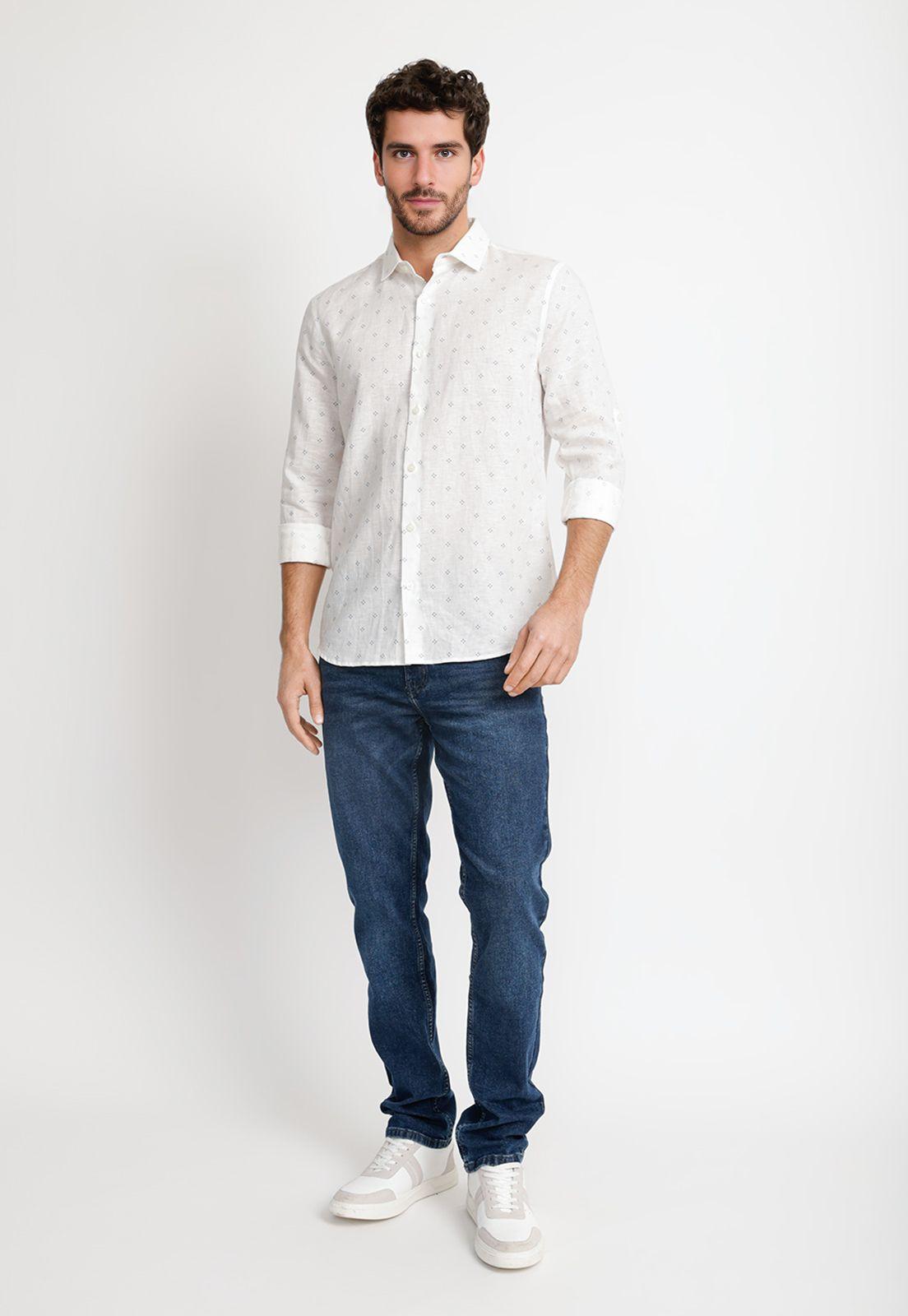 Camisa Hombre Lino Estampado Blanco-3