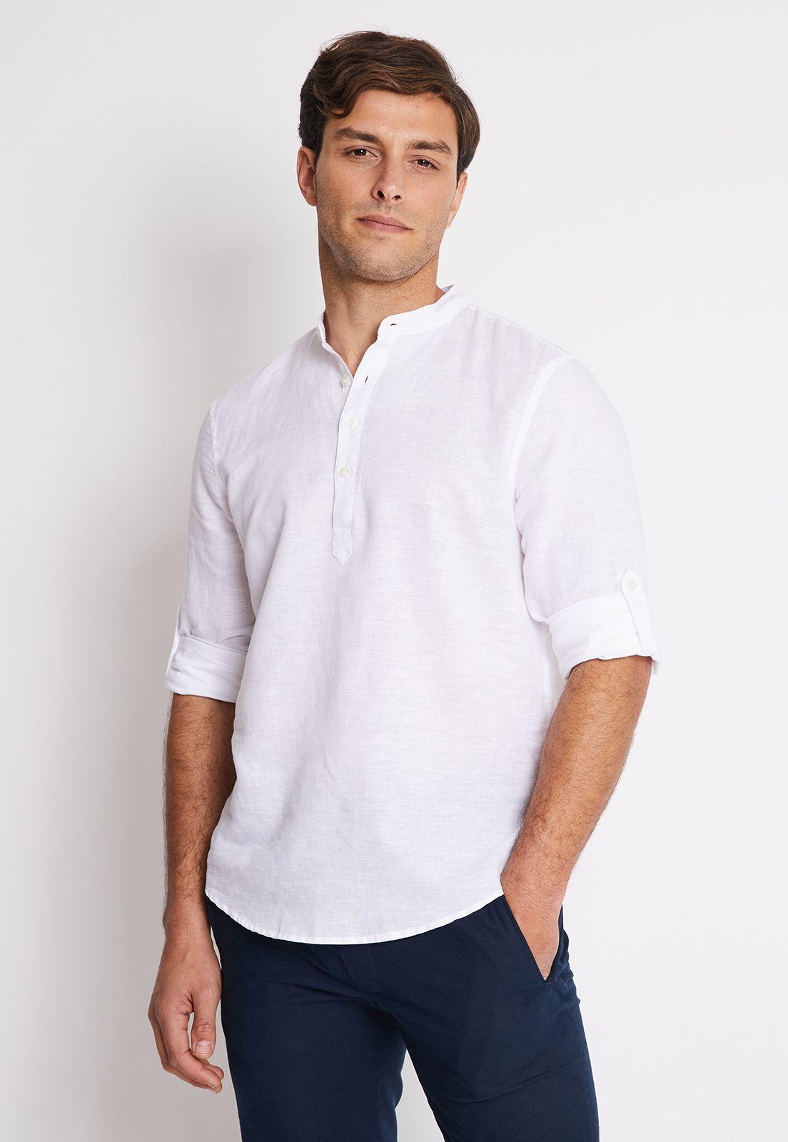 Camisa Hombre Manga Larga Lino Lisa Blanco-0