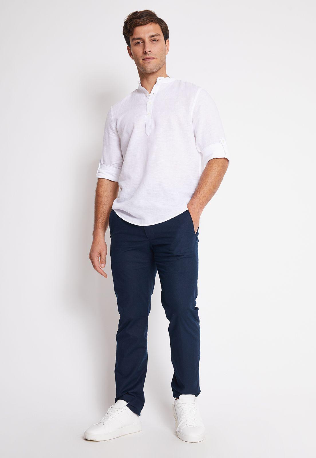 Camisa Hombre Manga Larga Lino Lisa Blanco-3