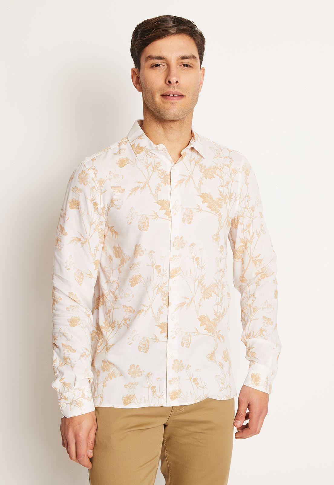 Camisa Hombre Manga Larga Estampada Beige-0