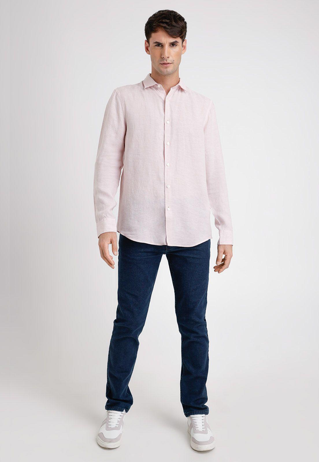 Camisa Hombre Manga Larga Lino Lisa Rosa Viejo-3