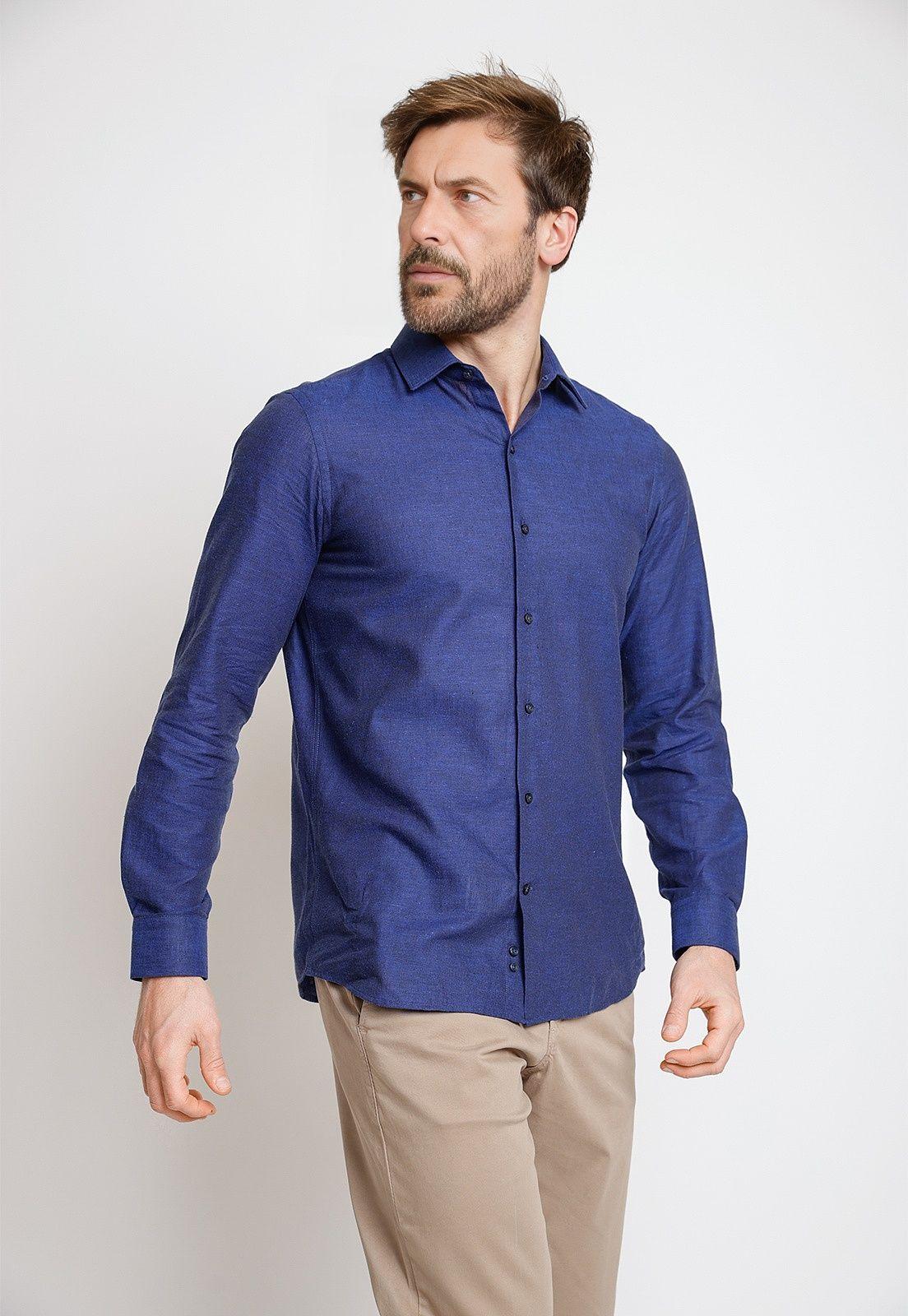 Camisa Hombre Mezcla Viscosa Lino Liso Slim Europe Azul Marino-0