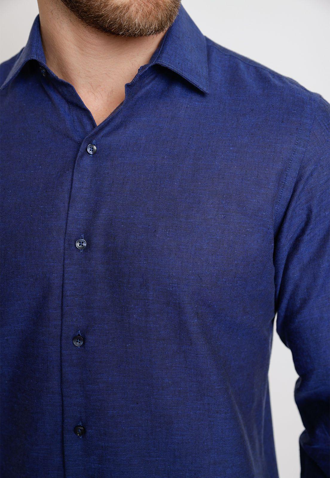 Camisa Hombre Mezcla Viscosa Lino Liso Slim Europe Azul Marino-2