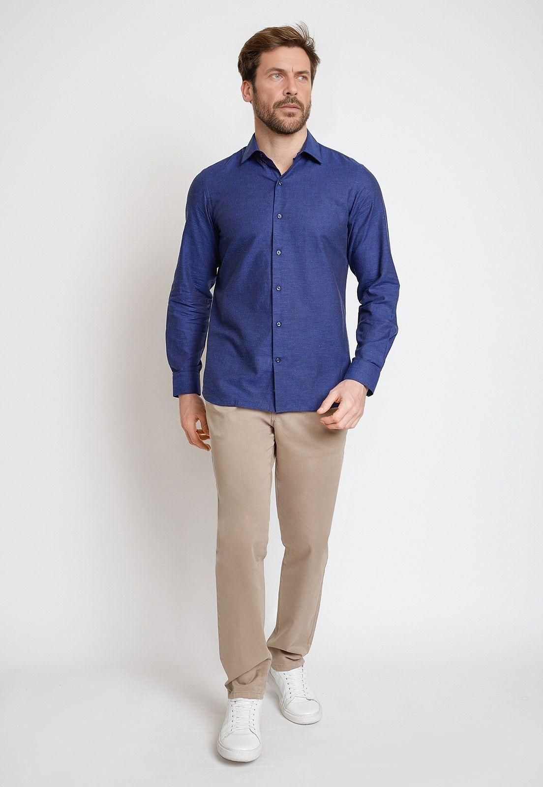 Camisa Hombre Mezcla Viscosa Lino Liso Slim Europe Azul Marino-3