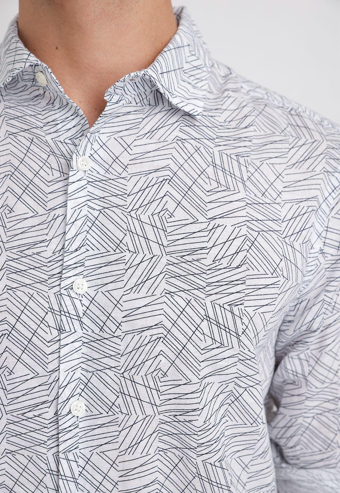 Camisa Hombre Larga Corta Lino Estampada Blanco-2
