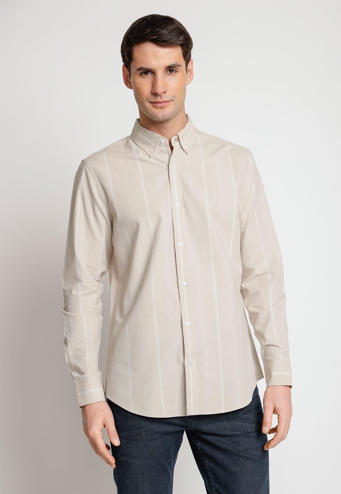 Camisa Hombre Manga Larga Oxford Listada Beige-0