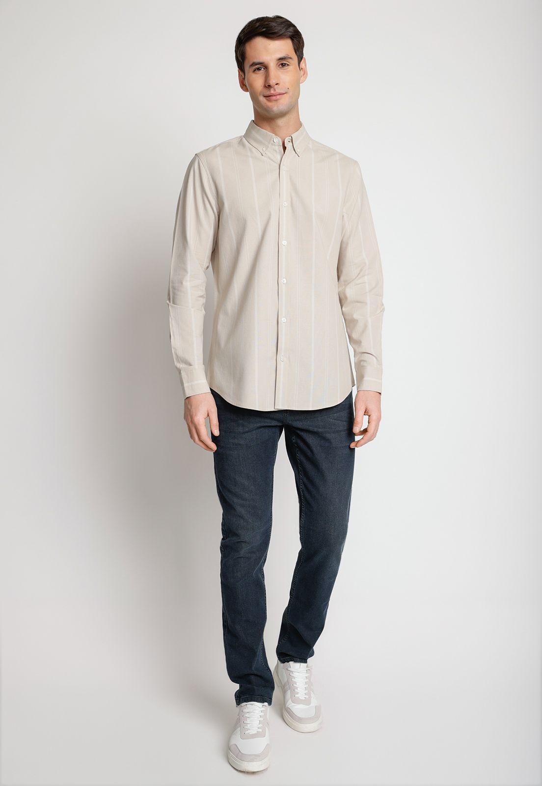 Camisa Hombre Manga Larga Oxford Listada Beige-3