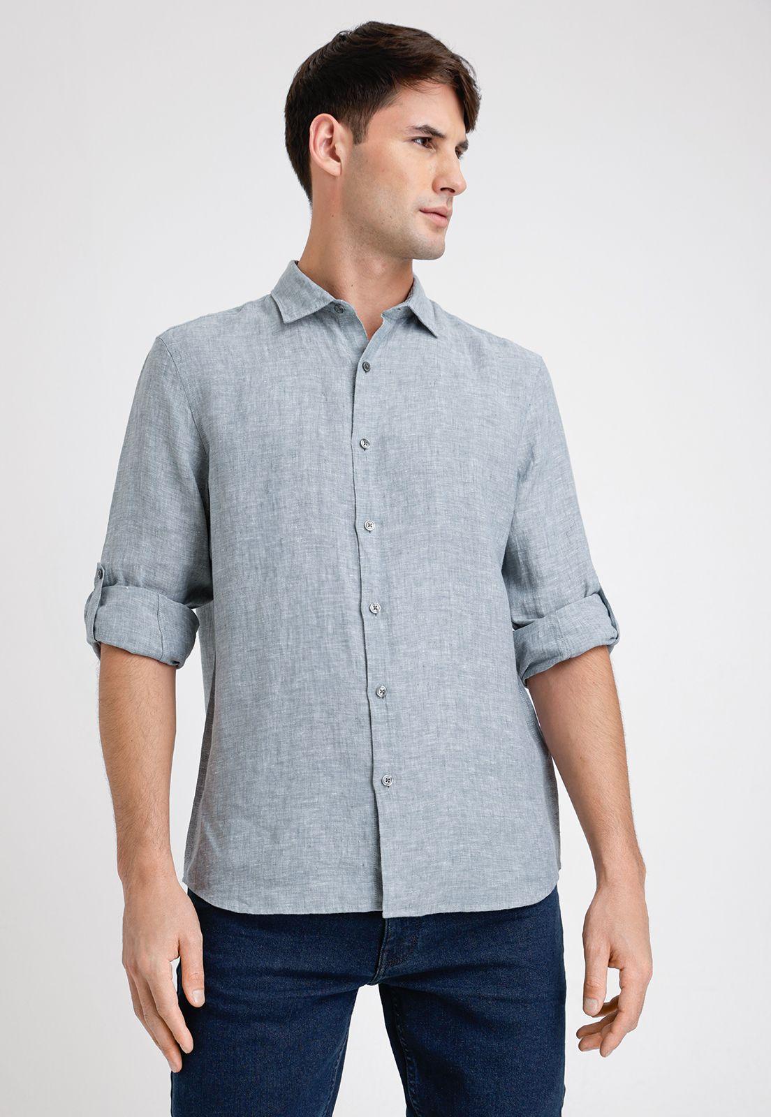 Camisa Hombre Manga Larga Lino Lisa Verde-0