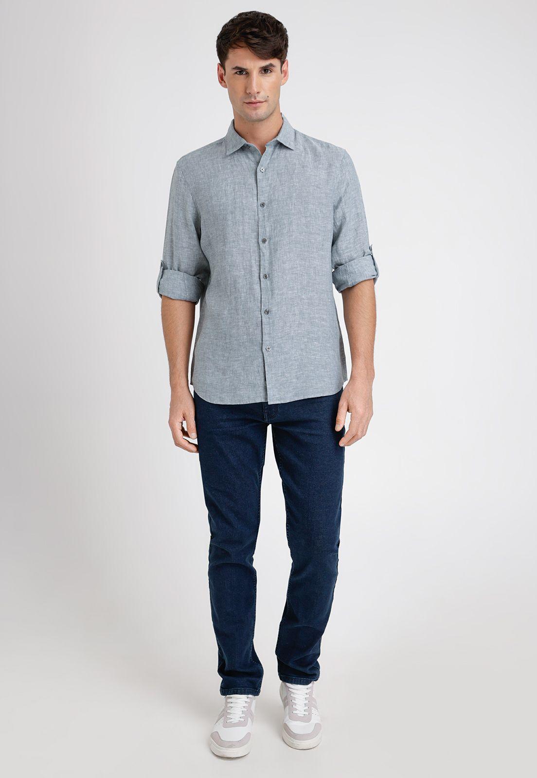 Camisa Hombre Manga Larga Lino Lisa Verde-3