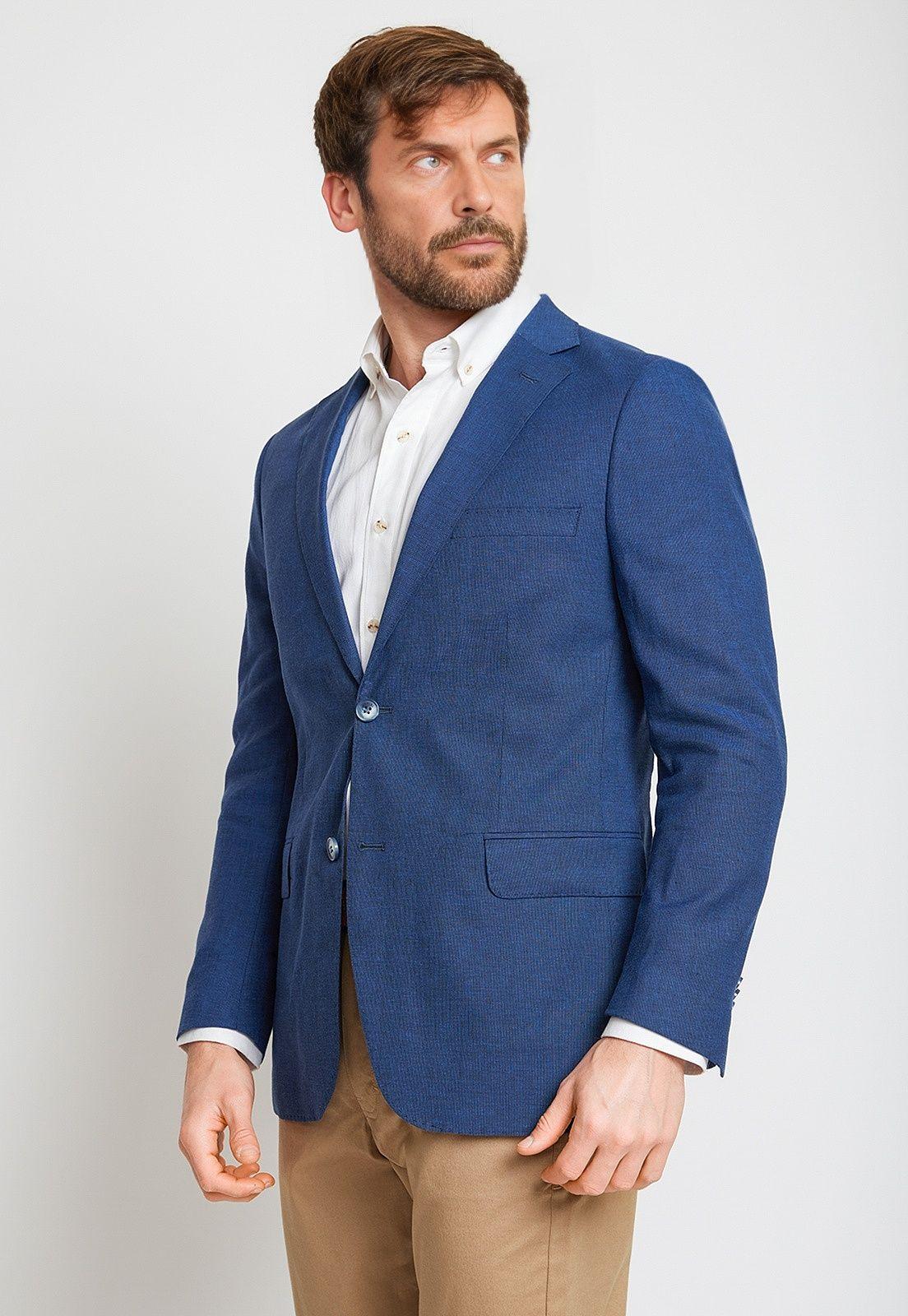 Chaqueta Hombre Mezcla Algodón Lino Microdiseño Slim Pegas Azul-0