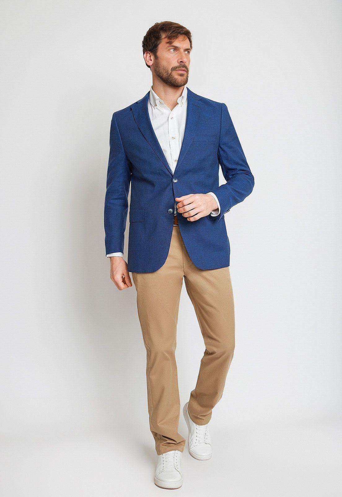 Chaqueta Hombre Mezcla Algodón Lino Microdiseño Slim Pegas Azul-3