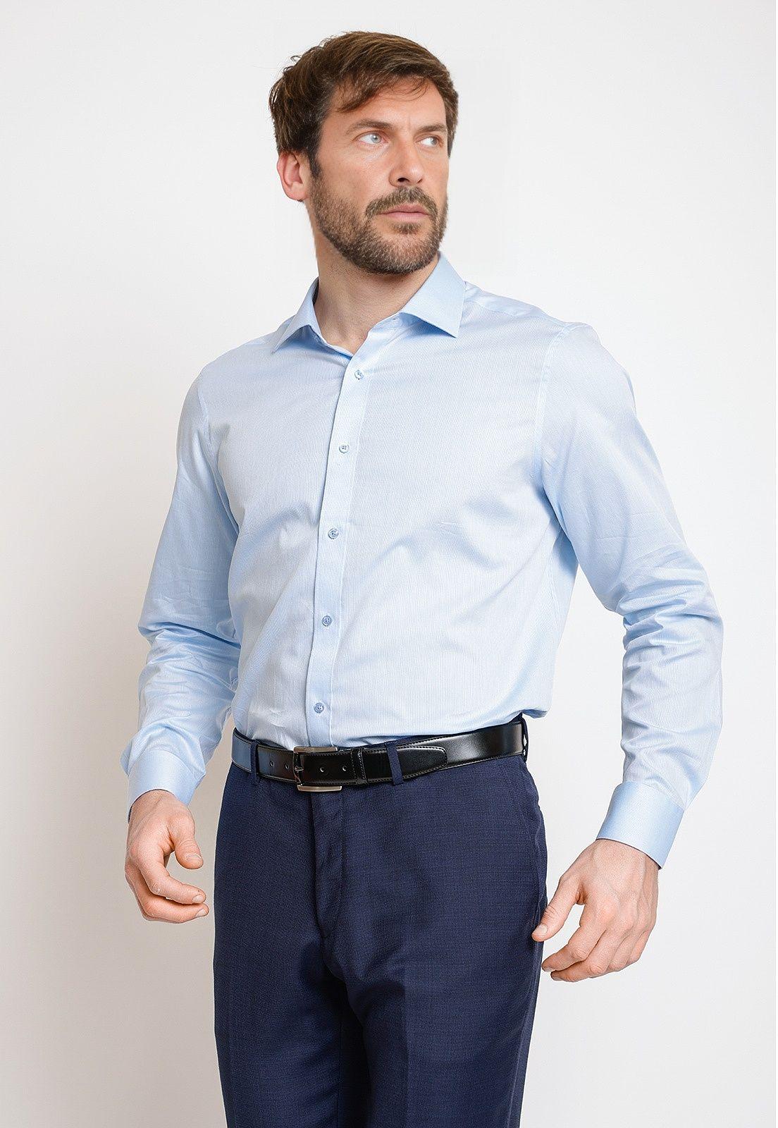 Camisa Formal Hombre Algodón Líneas Regular Classic Celeste-0