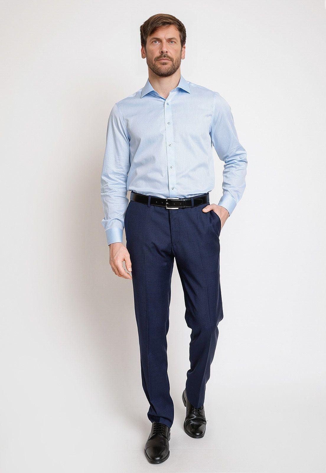 Camisa Formal Hombre Algodón Líneas Regular Classic Celeste-3