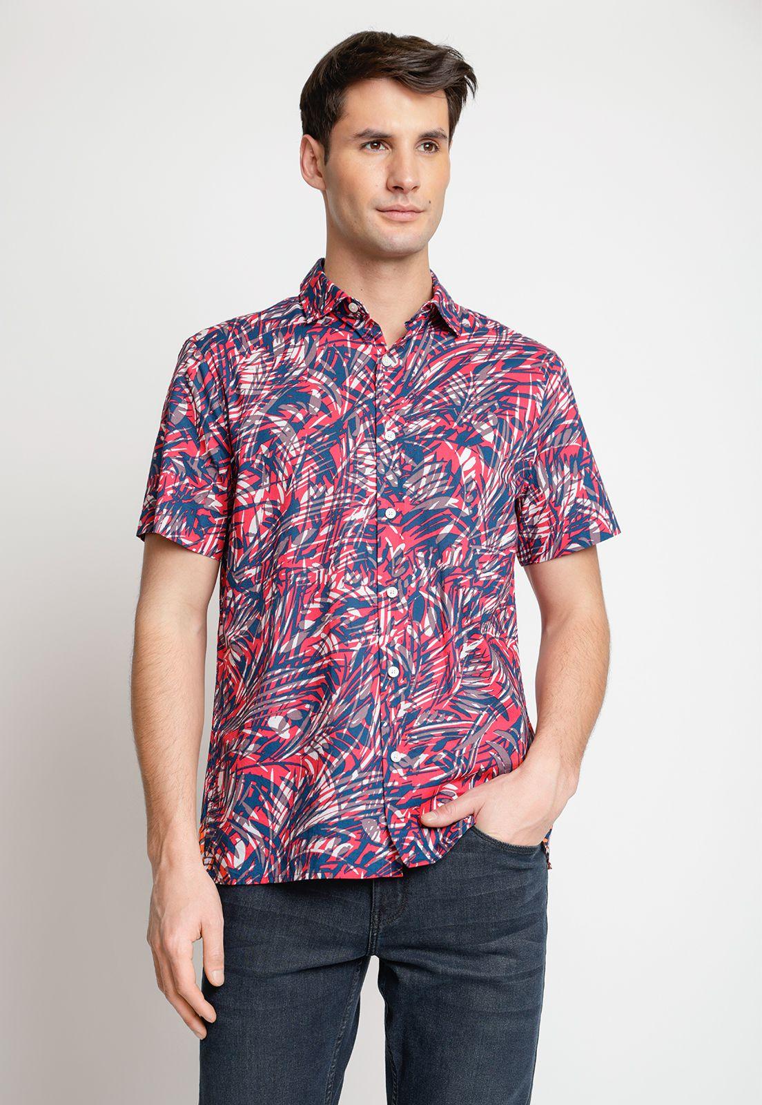 Camisa Hombre Manga Corta Estampada Azul-0