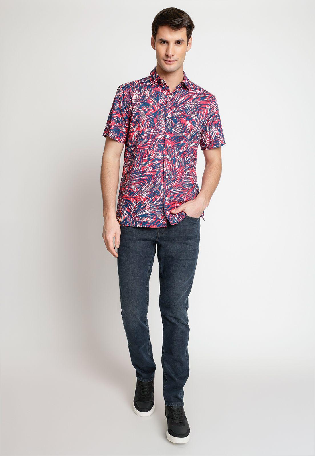 Camisa Hombre Manga Corta Estampada Azul-3