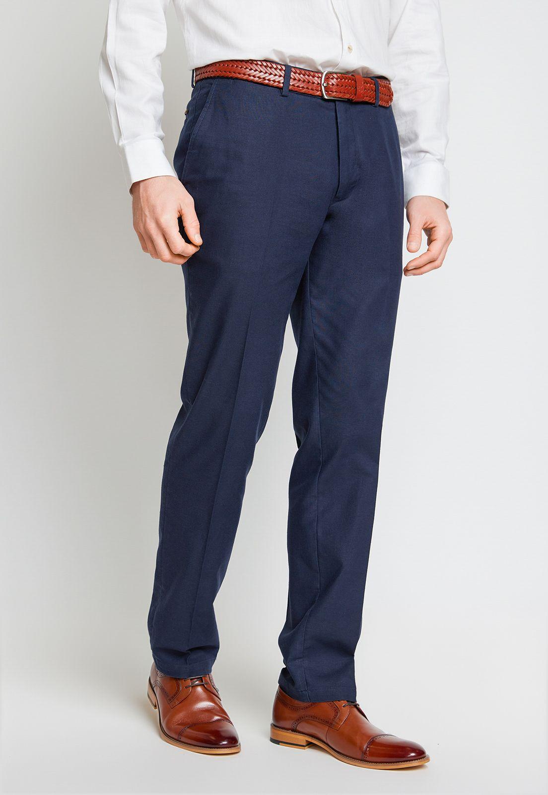 Pantalón Hombre Mezcla Algodón Lino Liso Slim Venancio Azul Marino-0