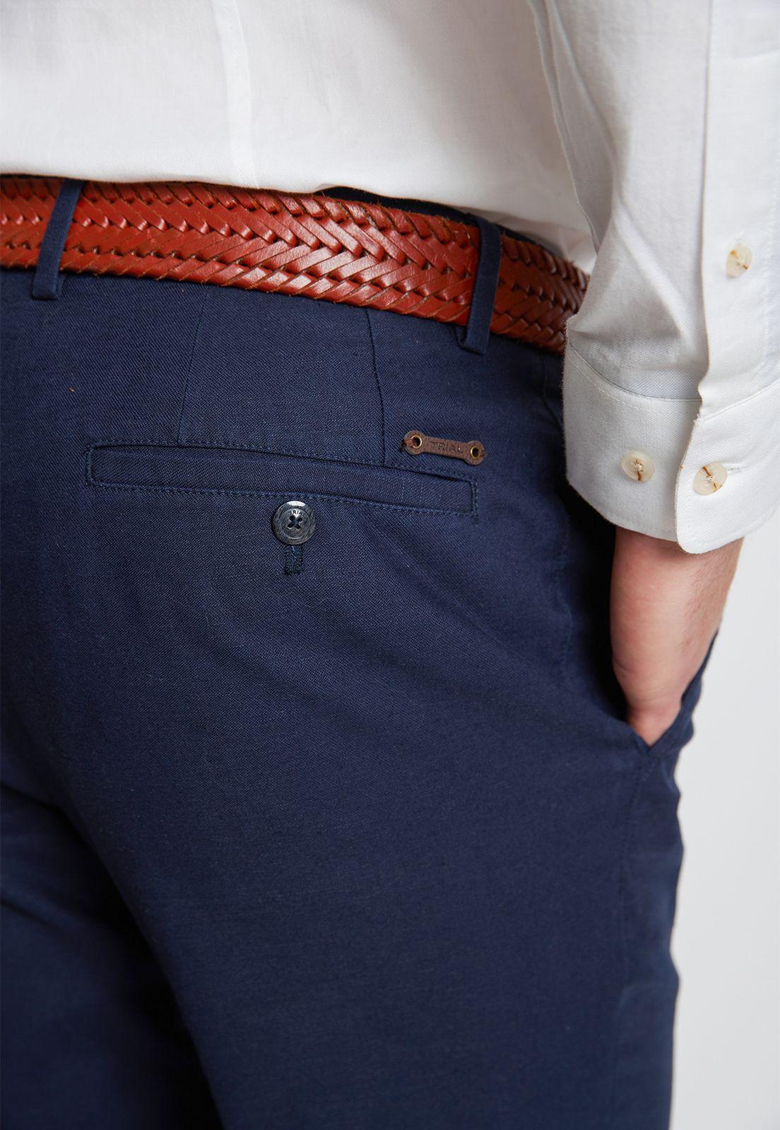 Pantalón Hombre Mezcla Algodón Lino Liso Slim Venancio Azul Marino-2