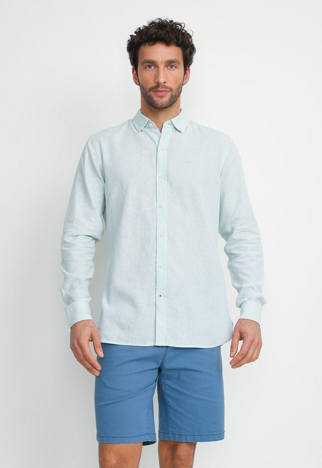 Camisa Rayada Lino Algodón Bruno Verde-0