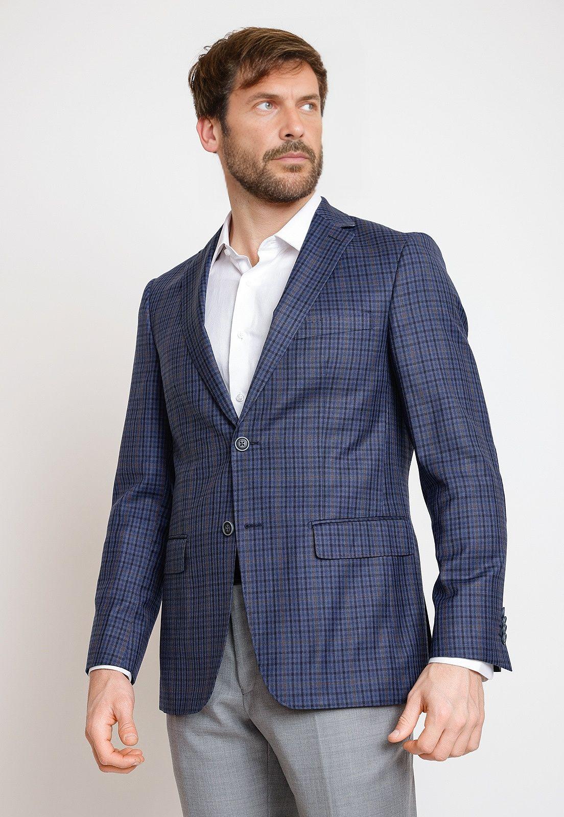 Chaqueta Formal Hombre Mezcla Lana Cuadros Slim Executive Azul-0