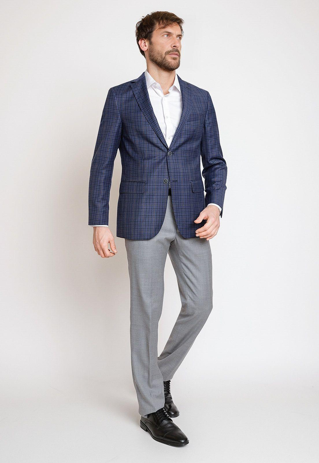 Chaqueta Formal Hombre Mezcla Lana Cuadros Slim Executive Azul-3