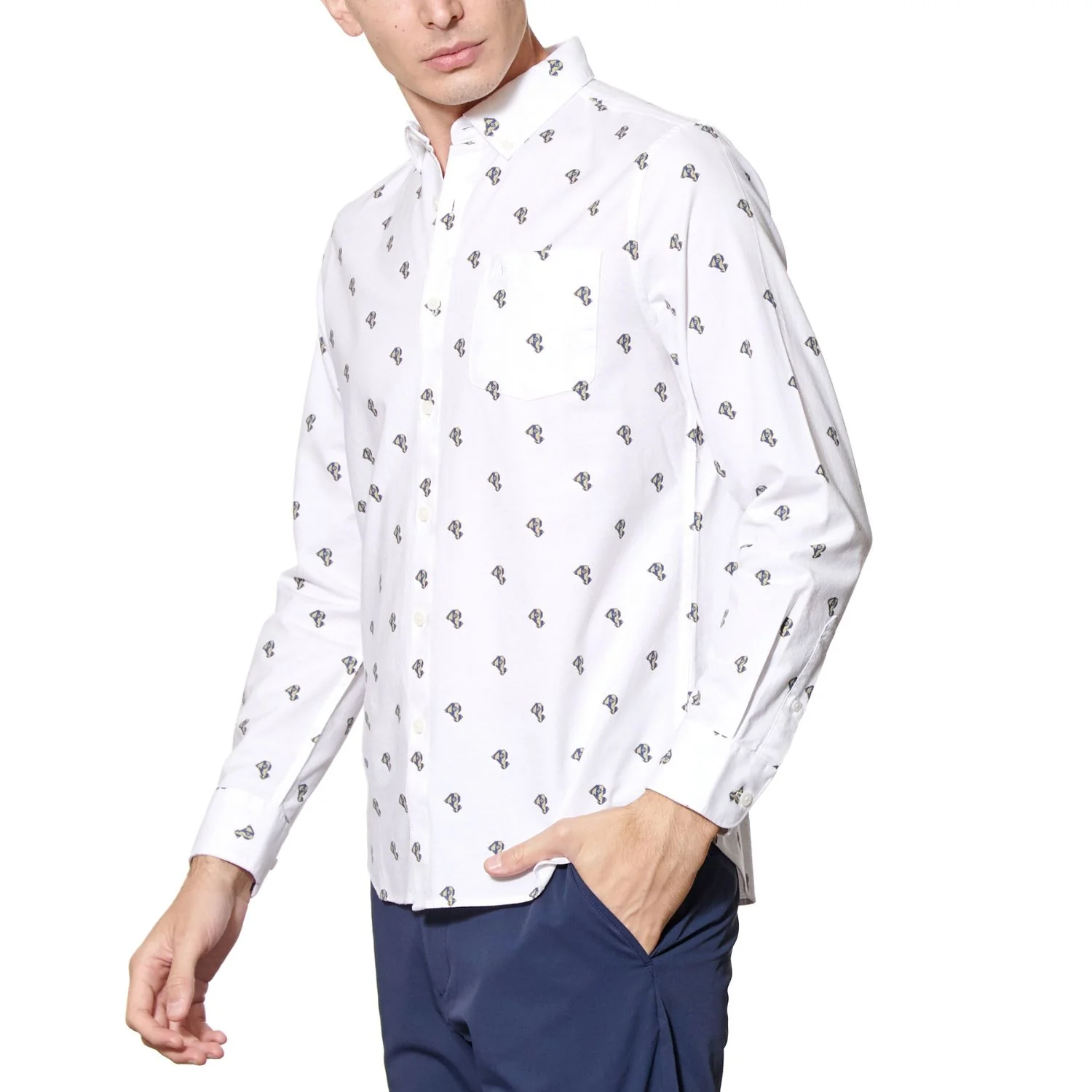 Camisa De Hombre Algodón Estampado Blanco-2