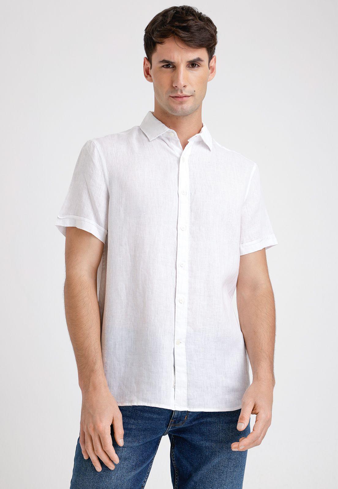 Camisa Hombre Manga Corta Lino Blanca-0