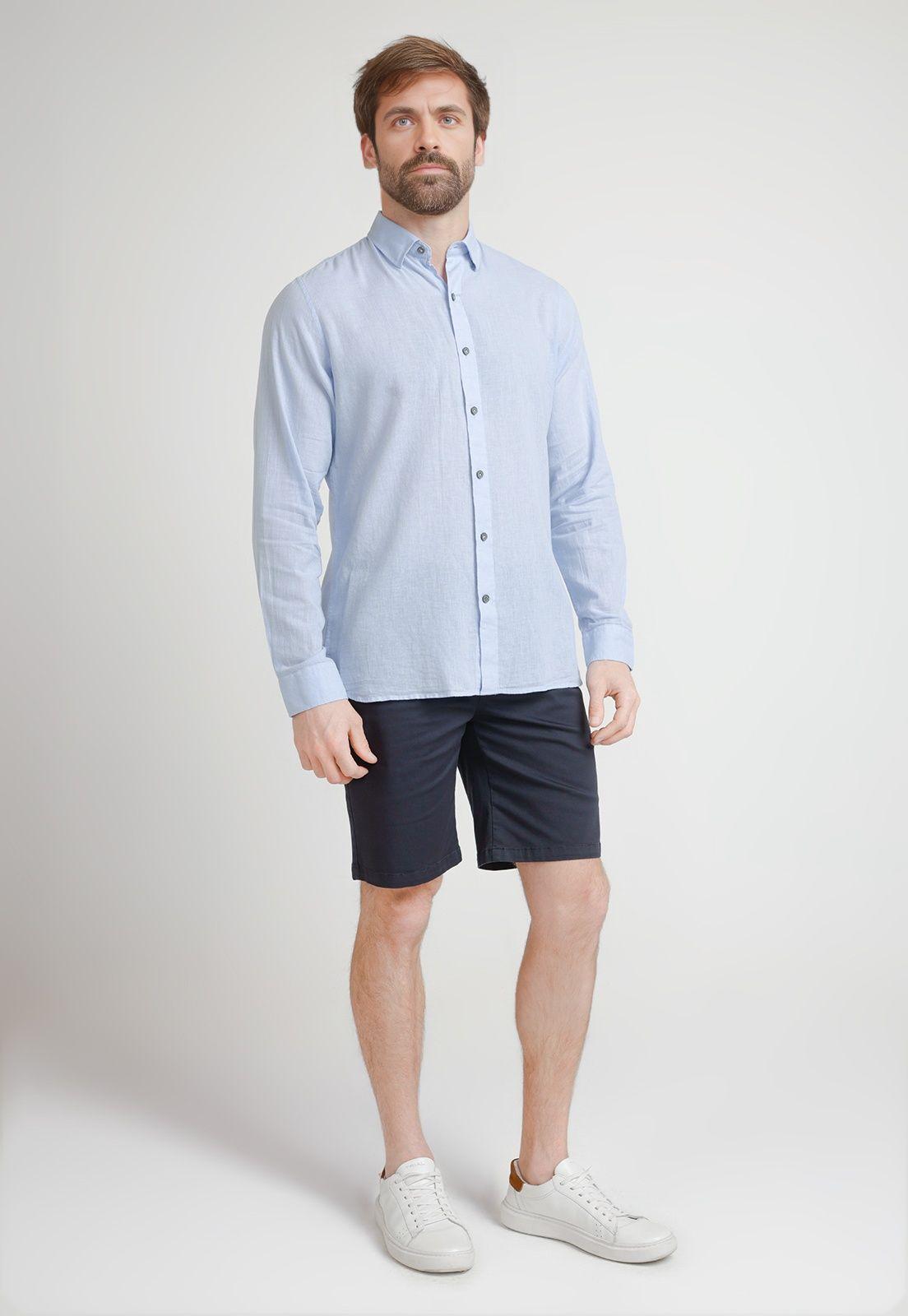 Camisa Hombre Mezcla Lino Algodón Liso Slim Braulio Celeste-3