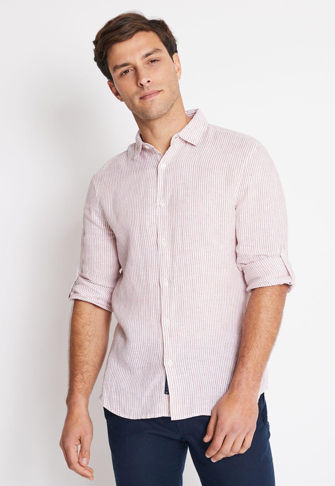 Camisa Hombre Manga Larga Lino Listada Terracota-0