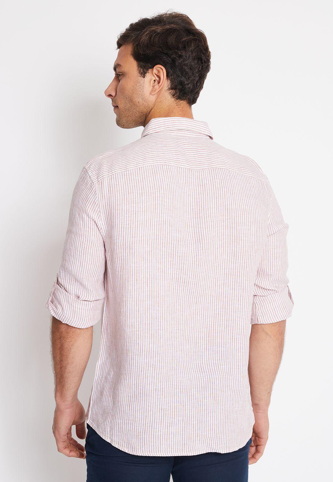 Camisa Hombre Manga Larga Lino Listada Terracota-1