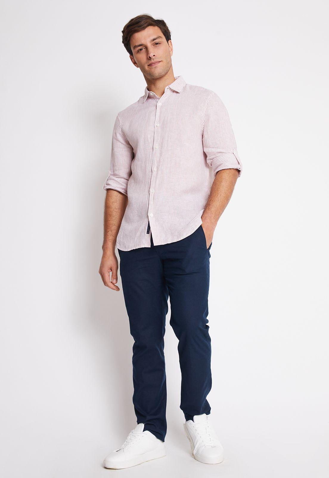 Camisa Hombre Manga Larga Lino Listada Terracota-3