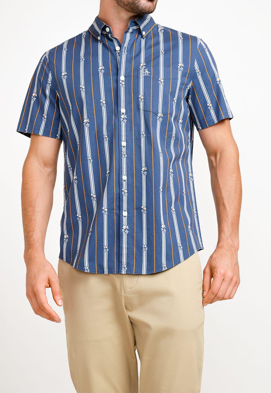 Camisa De Hombre Algodón Estampado Azul-0